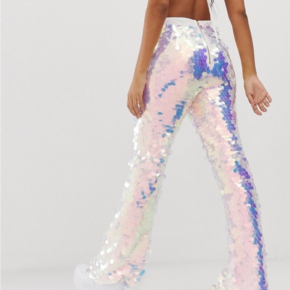 PrettyLittleThing white, iridescent sequin flare pants and bra top - Picture 4 of 12